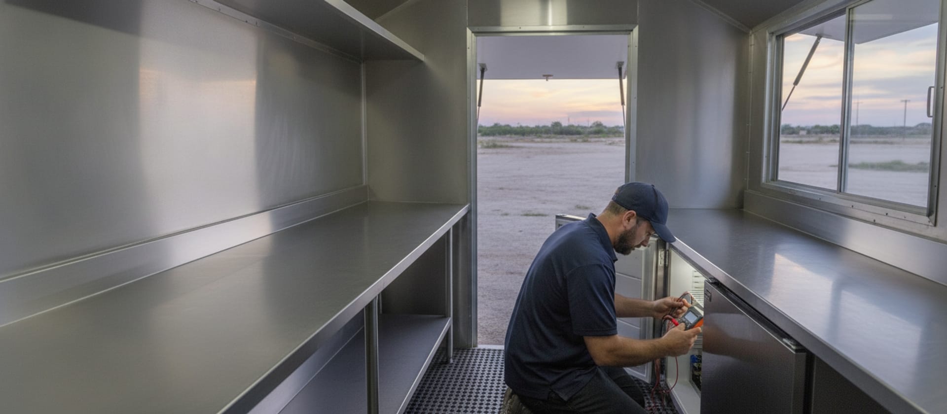Food truck kitchen equipment repair in Los Angeles CA — technician at a commissary lot