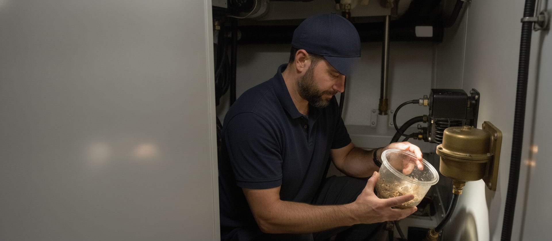 Marine air conditioning repair in Los Angeles CA — technician at the seawater strainer