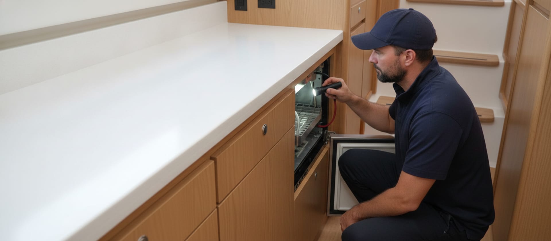 Marine ice maker repair in Los Angeles CA — technician at the evaporator