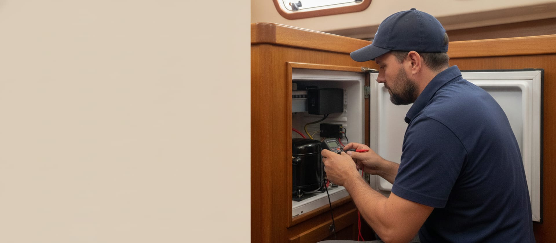Marine refrigeration repair in Los Angeles CA — technician at the compressor module