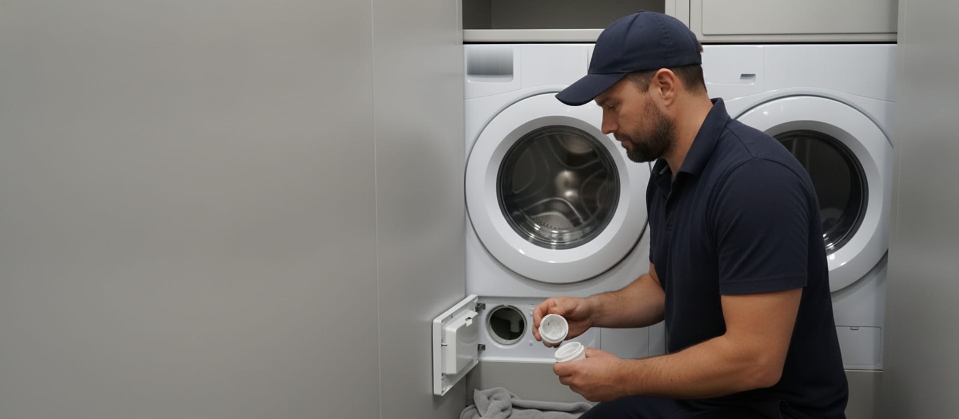 Boat washer dryer repair in Los Angeles CA — technician at the drain filter