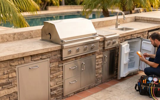 Built-in outdoor kitchen with grill island and undercounter refrigerator — outdoor appliance repair in Fullerton