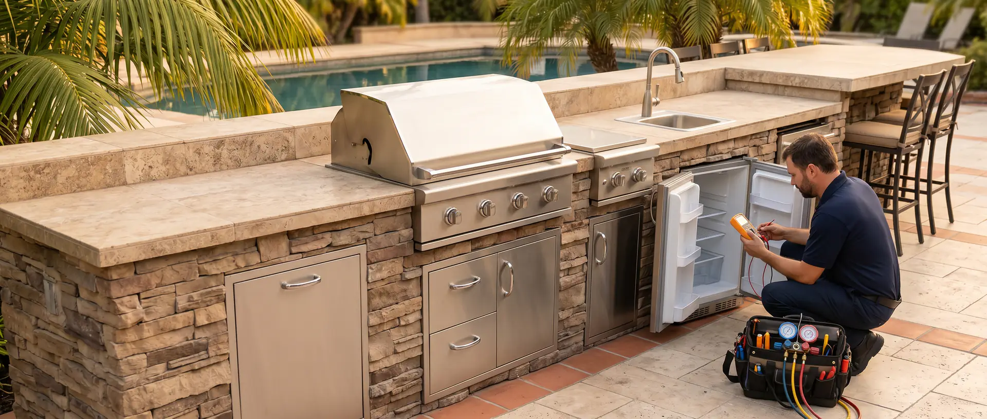 Built-in outdoor kitchen with grill island and undercounter refrigerator — outdoor appliance repair in Alhambra